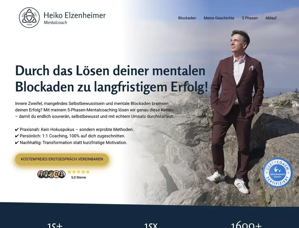 Startseite von heiko-elzenheimer.de: Heiko Elzenheimer auf einem Felsen, daneben seine Botschaft und der Knopf zum Erstgespräch